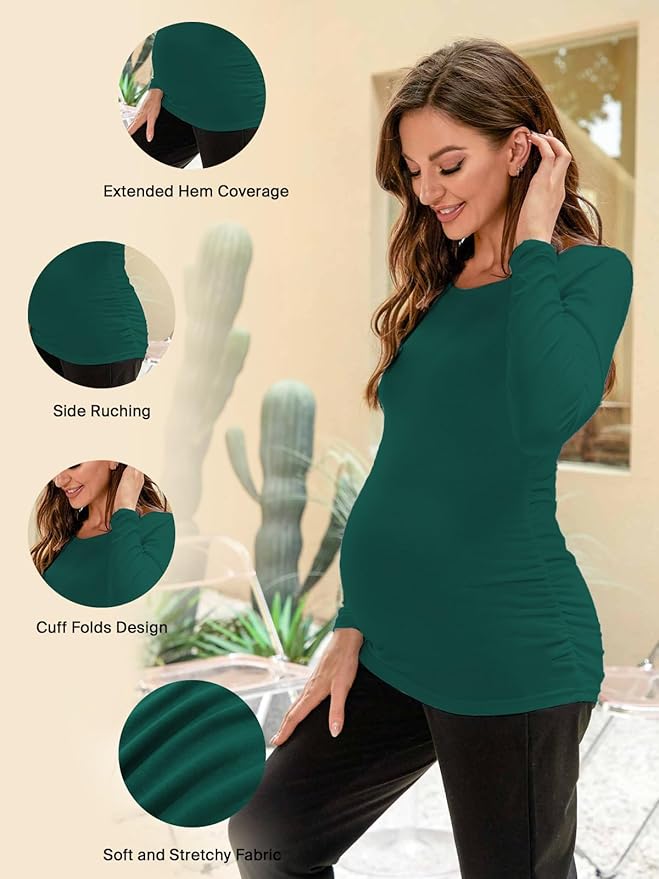 Ecavus Women's Maternity Shirts Long Sleeve Soft Stretchy Pregnancy Tops Side Ruched Casual Mama Clothes