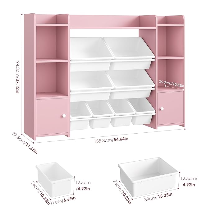 FOTOSOK 55''Large Toy Storage Organizer with 8 Toy Bins, Toy Organizers and Storage with Shelf and 6 Storage Cubbies, Bookshelf for Kids, Playroom Organization and Storage Bins, Pink
