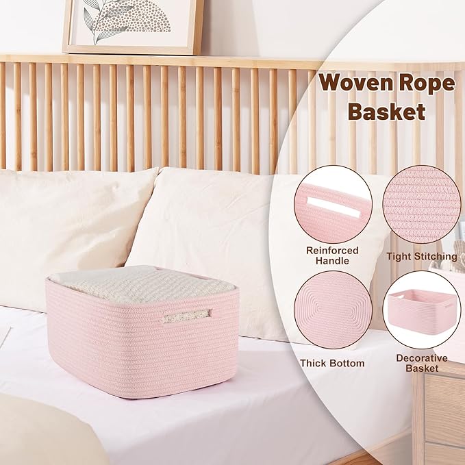 OIAHOMY Storage Basket for Shelves, Closet Cube Storage Bins Baskets for Clothes Blanket Towels, Baby Nursery, Toy Baskets Box, Woven Rope Basket, 15.75*11.81*7.09 IN, 2 Packs Mixed Pink