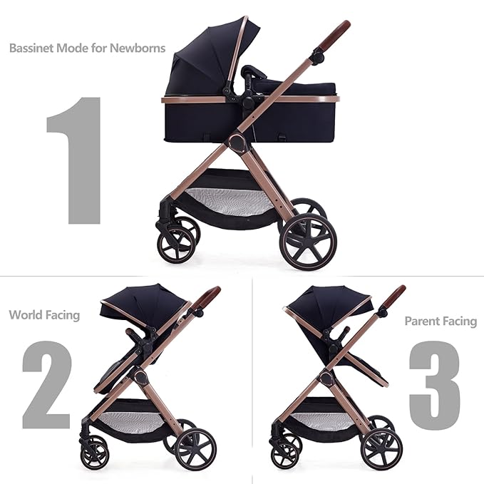 2 in 1 Baby Stroller, Newborn Infant Toddler Convertible Bassinet Pram Stroller for 0-36 Months Old Babies (Black)