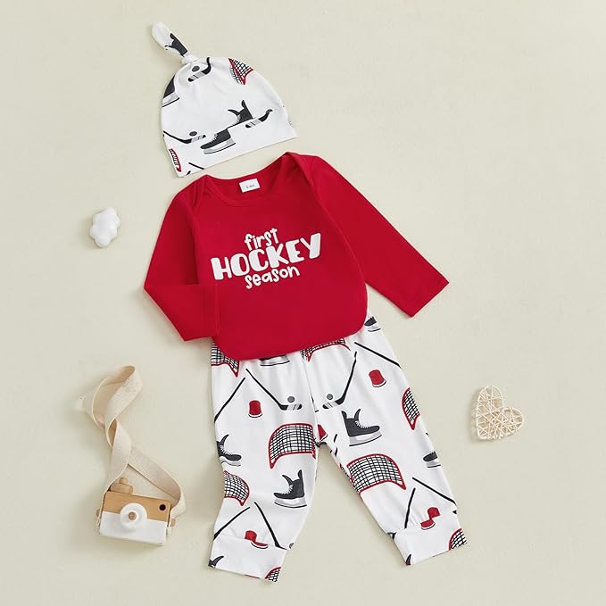 Baby Boy Hockey Outfit New Player in Town Long Sleeve Romper Long Pants Hat Set 3Pcs Newborn Fall Winter Clothes
