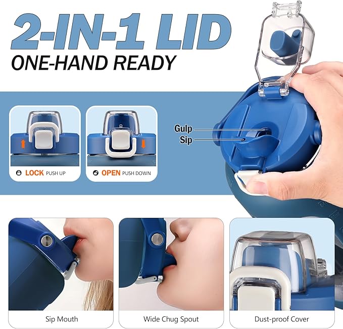 72oz Glass Water Bottle with 2-IN-1 Straw &Chug Lid, Large Motivational Glass Bottle with Capacity Marker and Silicone Sleeve, 2.1Liter Gallon Water Jug for Home, Sports, Gym, BPA Free-Blue