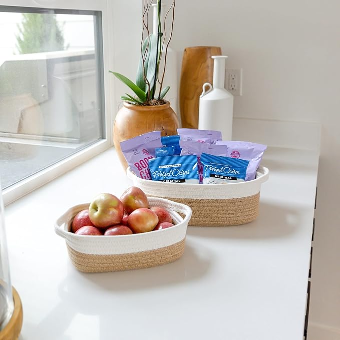 NaturalCozy 5-Piece Rectangle Storage Basket Set- Natural Cotton Rope Woven Baskets for Organizing! Small Basket for Montessori, Baby Nursery, Dog Toy Baskets, Cat Toy Box, Bathroom Organization Bin