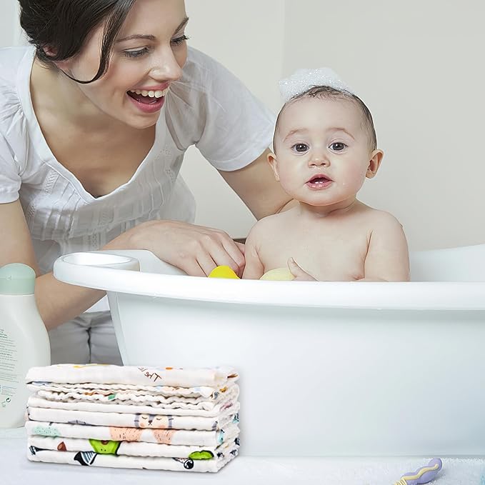 FOOK FISH Muslin Burp Cloths Large 20''x10'' 10 Packs for Baby Spit Up Cloths for Newborn,Absorbent,Soft,Large,6 Layers Baby Burp Rags,Unisex,for Boys and Girls (Animals)