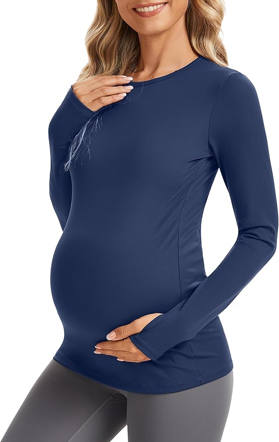 MathCat Maternity Long Sleeve Shirt with Thumbleholes,Pregnancy Casual Tee Blouse Athletic Yoga Workout Tops