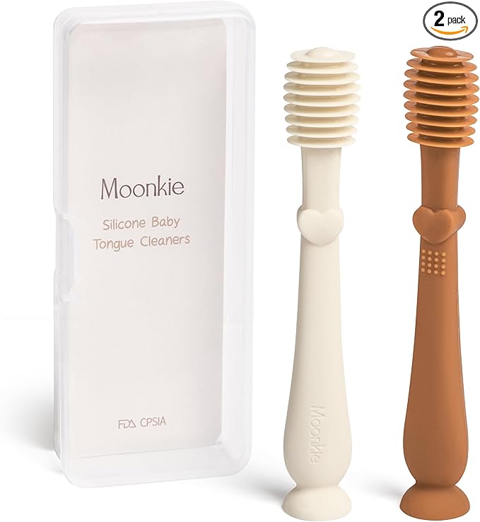 Moonkie Baby Tongue Cleaner, Toddler Toothbrush, Baby Oral Cleaner Newborn Kit for 3 Months+, 2 Pcs (Clay/Ivory)