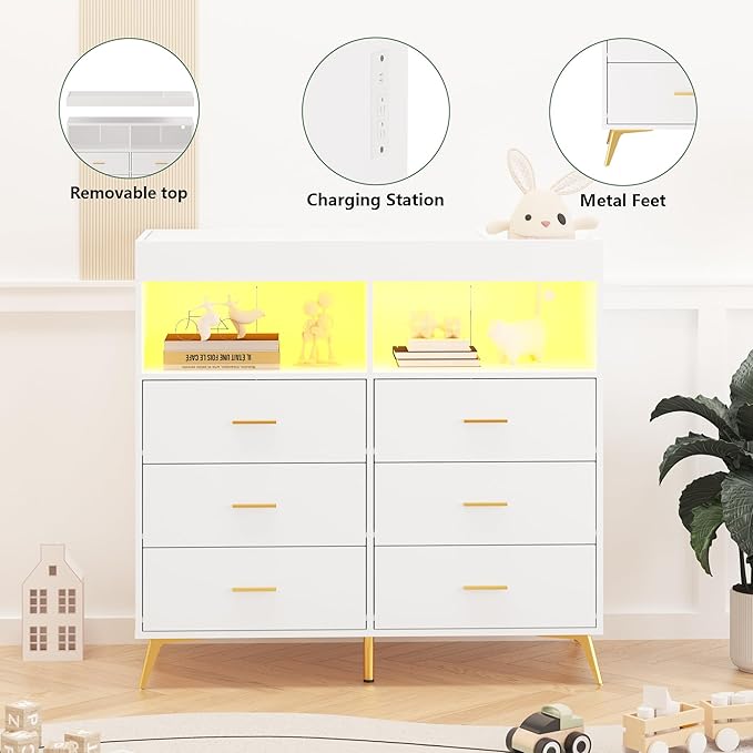 GarveeHome Dresser for Bedroom with 6 Drawers, Baby Changing Table Dresser with Changing Pad, LED Lights & Charging Station, Baby Changing Station with Changing Table Top (White)