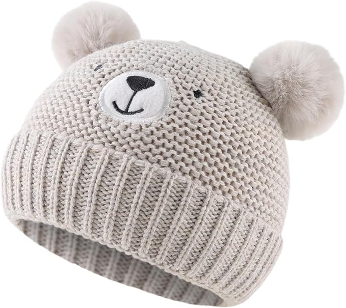 JANGANNSA Cute Bear Baby Beanie Pompom Baby Boys Hat Infant Toddler Winter Knitted Beanies for Girls