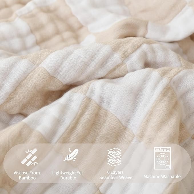 Ultra-Soft Checkered Muslin Baby Blanket - Swaddle & Crib, 43x43 (Cream)