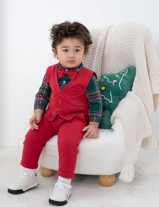 A&J DESIGN Baby Boy Suits Clothes Infant Toddler Formal Gentleman Outfits, Dress Shirt + Vest + Bow Tie + Pants Wedding Set