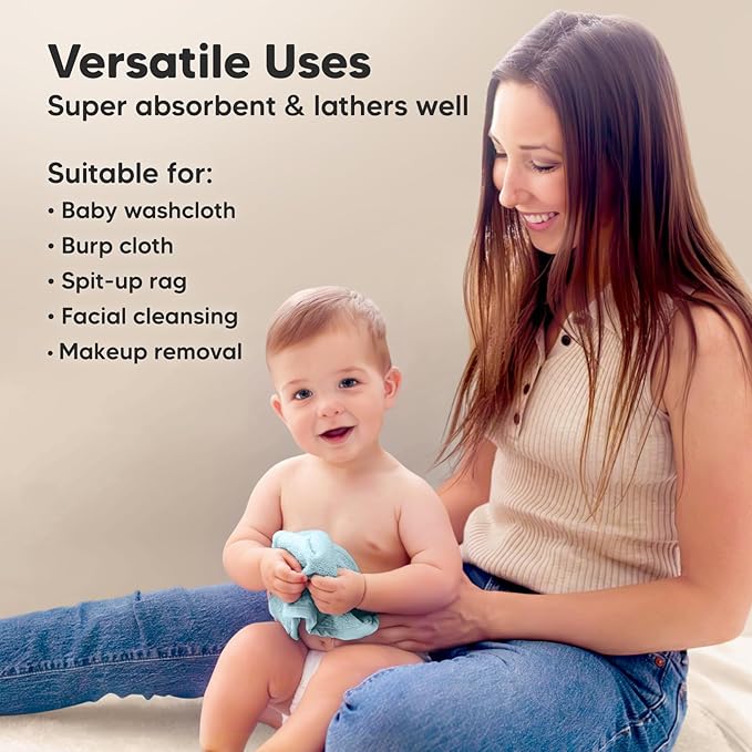 6-Pack Baby Washcloths - Soft Absorbent Viscose from Bamboo Wash Cloths for Babies, Kids, Toddlers, Infant, Newborn Bath Towels, Gentle on Sensitive Skin, 10x10 Reusable Face Towels (Sky)