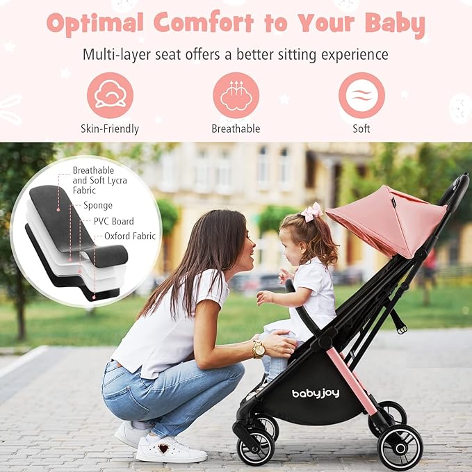 BABY JOY Lightweight Baby Stroller, Compact Travel Stroller for Airplane, Infant Toddler Stroller w/Adjustable Backrest & Canopy, Storage Basket, Self Standing Gravity Fold, Aluminium Frame (Pink)