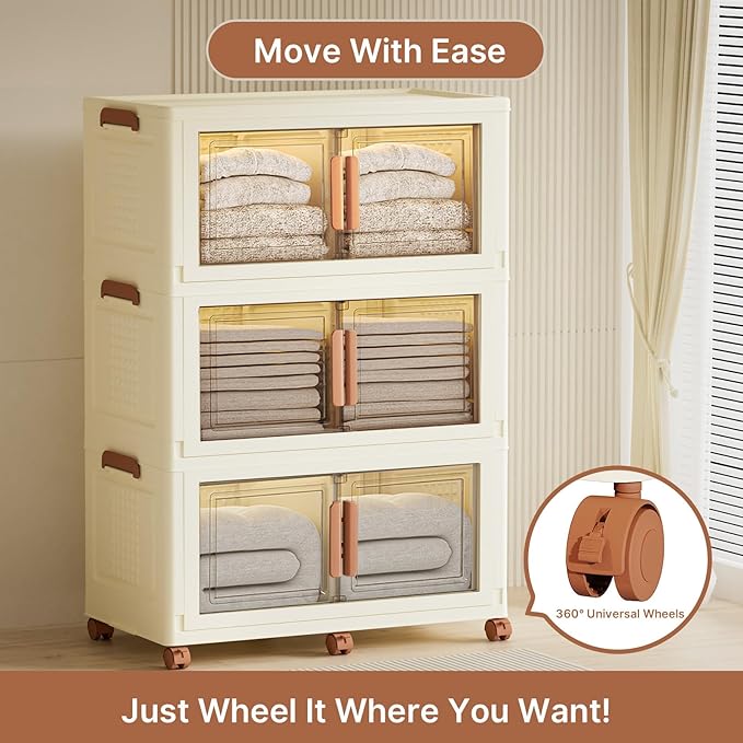 480Qt/120Gal Extra Large Stackable Storage Bins with Lids and Divider, 3Pack Collapsible Drawers with Doors, Foldable Cabinet with Wheels, Plastic Closet Organizers Containers for Home, Dorm