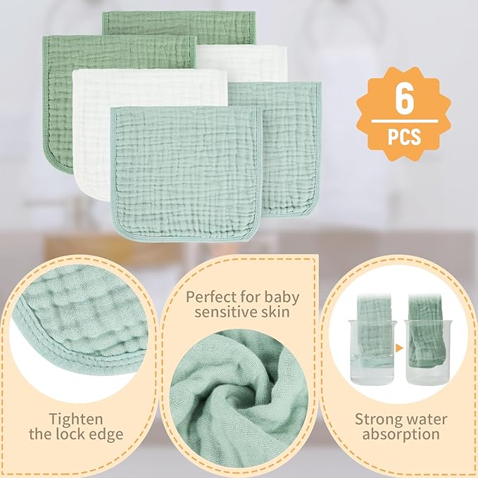 Baby Burp Cloth 100% Cotton Newborn Cotton Muslin Burp Cloth 10x20 inches (White & Green 6 Pieces)