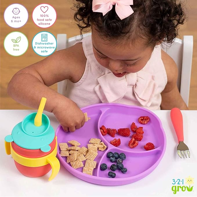Silicone Easy Scoop & Hold Plate Set - Baby and Toddler Training Plates with Clip-On Rims for Easy Scooping, Self-Feeding and Baby Led Weaning, 6+ months (Plum)