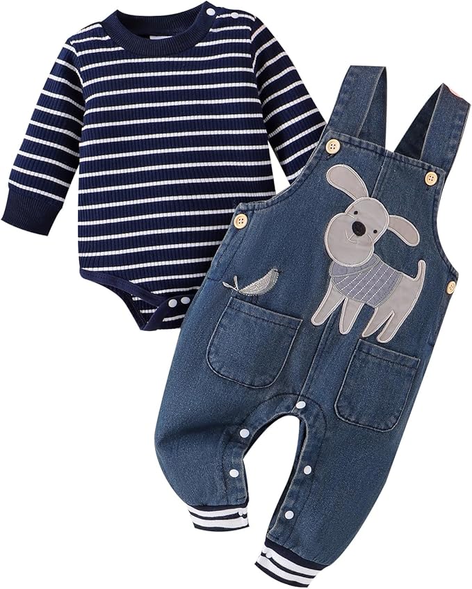 Baby Boy Clothes Fall Winter Outfits Long Sleeve Striped Romper Cute Cartoon Jeans Overalls Pants Set 0-18 Months