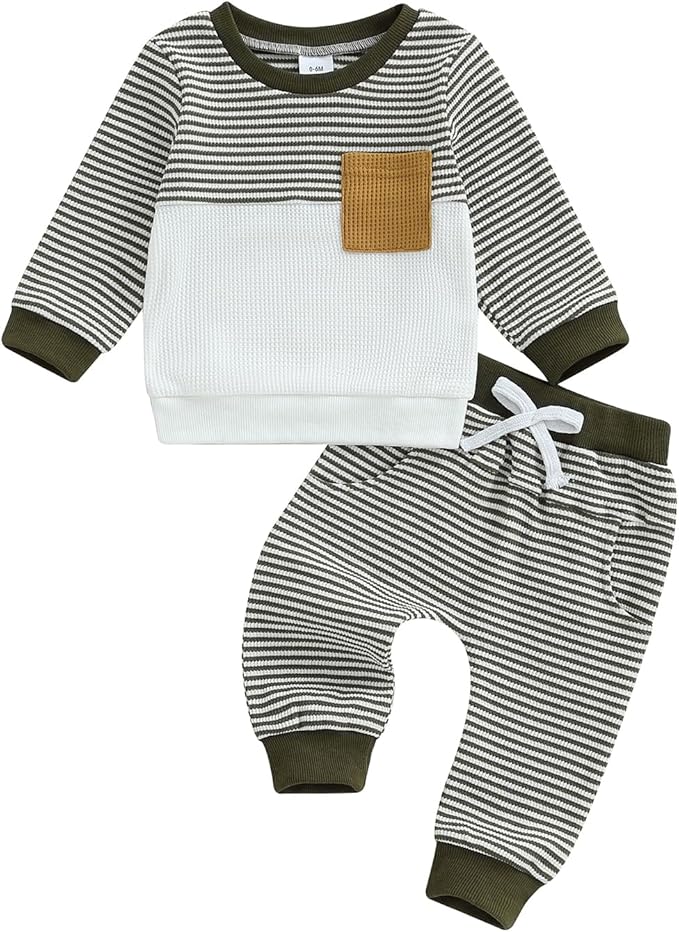 Toddler Baby Boy Fall Clothes Waffle Outfit Long Sleeve Color Blocking Sweatshirt Pullover Jogger Pant Set