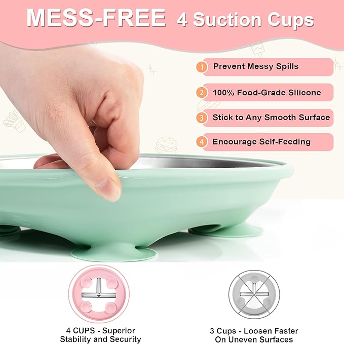 Bella’s Friends Stainless Steel Baby Plates with Suction 3 Pack, 8” Divided Toddler Plates with Removable Silicone Sleeves for Mess-Free Feeding, Non-Toxic, Non-Slip, Dishwasher Safe, beige,gray,green