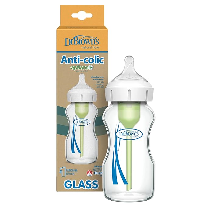 Dr. Brown's Natural Flow Anti-Colic Options+ Wide-Neck Glass Baby Bottle 9 oz/270 mL,with Level 1 Slow Flow Nipple,1 Pack,0m+