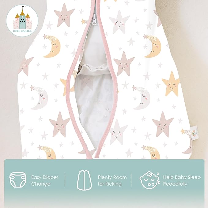 Cute Castle Baby Sleep Sack 6-12 Months - Lightweight 100% Cotton 2-Way Zipper TOG 0.5 Infant Wearable Blanket, Newborn Essentials Toddler Sleep Clothes, 3 Pack(Pink, Moon, Stars)