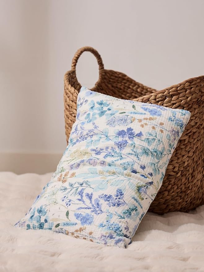 TILLYOU Muslin Toddler Pillowcase 2 Pack, 13x18 Soft Travel Cotton Pillow Case Kids for Boys and Girls, Blue Flower