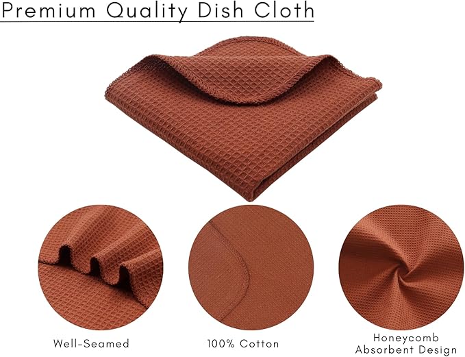 PurpleEssences Rust Dish Cloths and Dish Rags - 6 Pack Waffle Weave Solid Kitchen Dish Wash Cloths, 100% Cotton, 12 x 12 Inches, Ultra Soft Absorbent Quick Drying - Fall Thanksgiving - Rust