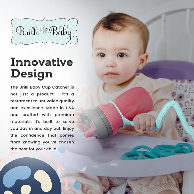 Brilli Baby Cup Catcher Patented Safety Tether Strap, Attach Sippy Cups, Bottles, Pacifiers & More to Stroller, High Chair, Car Seat, Made in USA, Food Grade, Dishwasher Safe (Aqua)