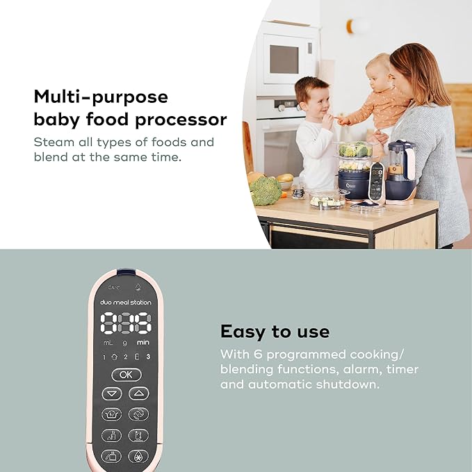 Babymoov Duo Meal Station XL, 6 in 1 Food Processor with Steamer, Multi-Speed Blender, Warmer, Defroster & Sterilizer (Nutritionist Approved), pink