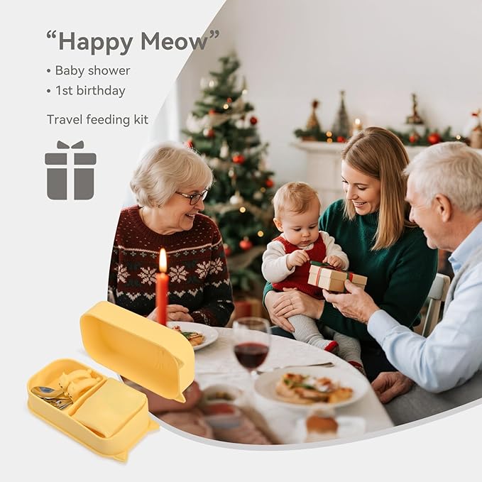 Portable Baby Plates with Suction, 6Pcs Travel Silicone Feeding Set for Toddlers, Foldable, Non-Slip Dishwasher Safe Plates & Utensils, BPA Free, Cat Design Gift Ready(Pale Yellow)