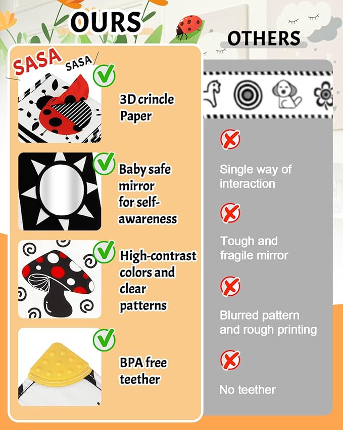 Tummy Time Toys, High Contrast Baby Book with Mirror & Teether, Black and White Infant Books, 0-6-12 Months Soft Book for Newborn, Sensory Books, Tummy Time Car Seat Toys 0-6 Month Boy Girl Gift