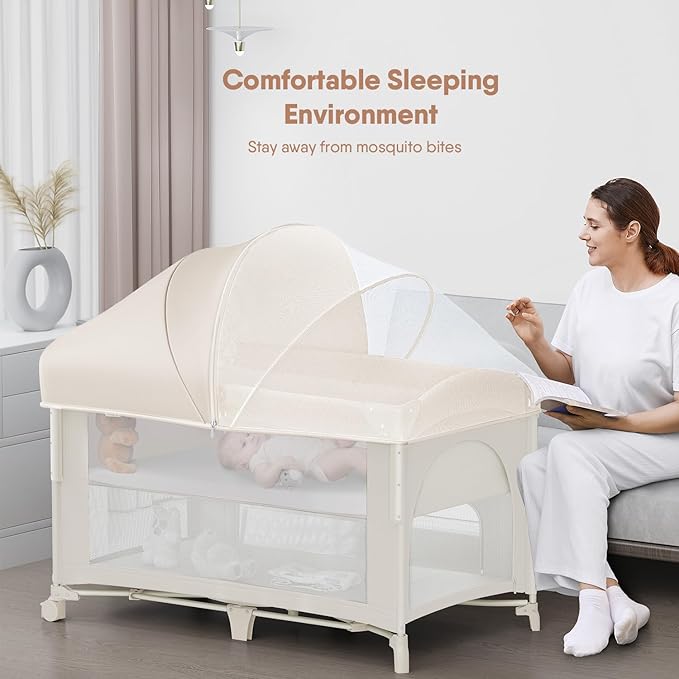 4 in 1 Baby Bassinet, Pack and Play, Bedside Crib Sleeper, Diaper Changer - Comes with Mattress, Mosquito Net, Bottom Storage and Toy Bar for Newborn to Toddles