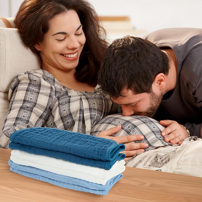 Baby Burp Cloth 100% Cotton Newborn Cotton Muslin Burp Cloth 10x20 inches (White & Blue 6 Pieces)