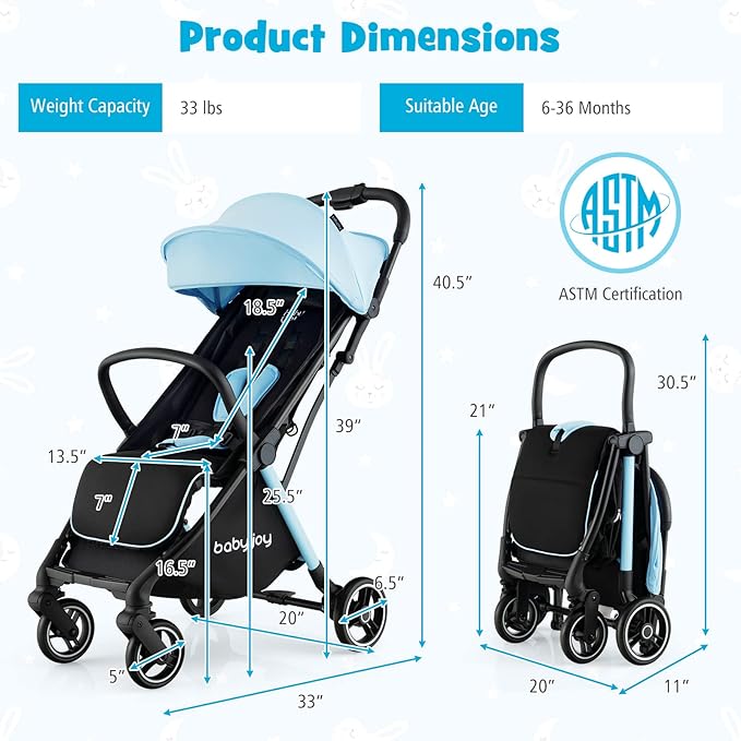 BABY JOY Lightweight Baby Stroller, Compact Travel Stroller for Airplane, Infant Toddler Stroller w/Adjustable Backrest & Canopy, Storage Basket, Self Standing Gravity Fold, Aluminium Frame (Blue)