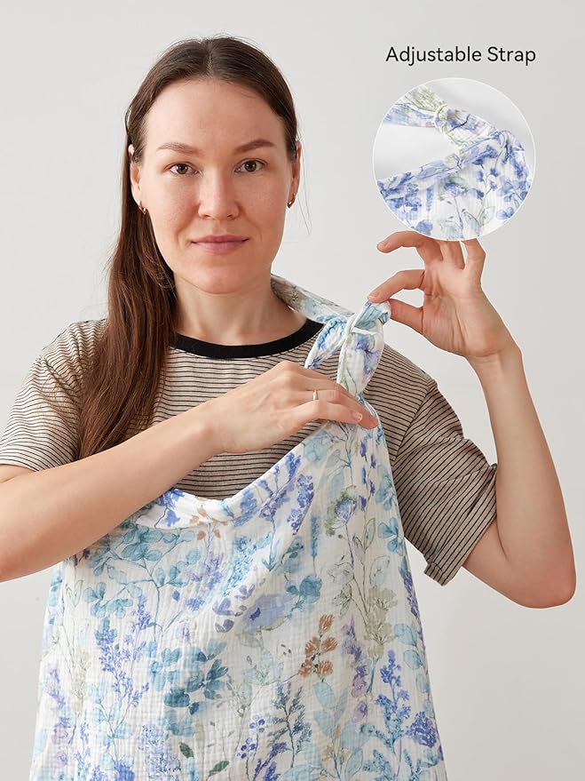 TILLYOU Muslin Nursing Cover for Baby Breastfeeding, 100% Cotton Breathable with Arch Neckline for Women, Blue Flower