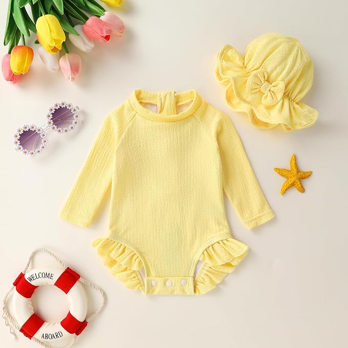 YOUNGER TREE Infant Baby Girls Swimsuit Long Sleeve Swimsuits One Piece Swimsuit Solid Color Bathing Suit with Hat, UPF 50+