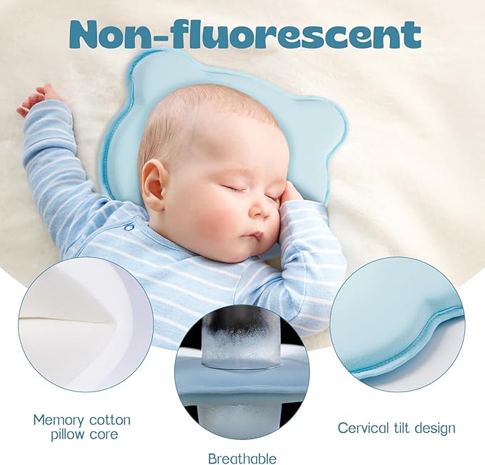 Memory Foam Baby Pillow, Portable Cartoon Bear Soft and Cozy Pillow, Breathable Bedding Set for Infants for Small Boys and Girls,Green