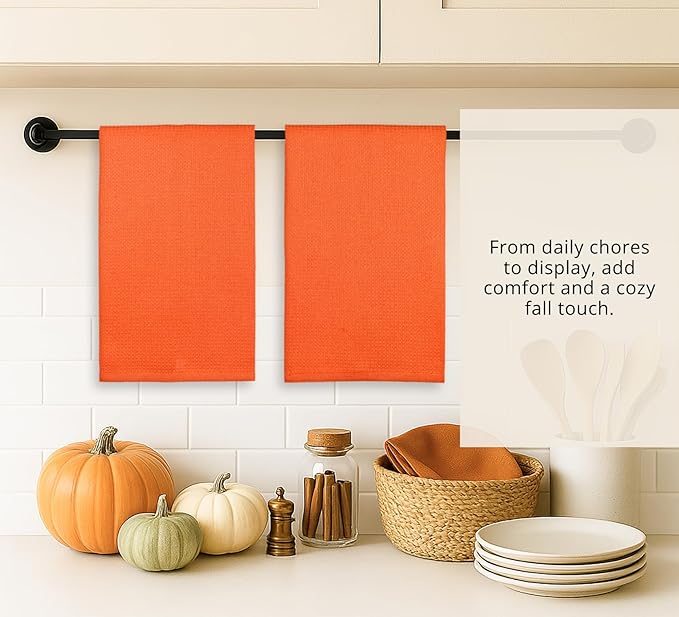 PurpleEssences Waffle Weave Kitchen Towel, 100% Cotton - 15 x 25 Inches, with Hanging Loop Ultra Soft Absorbent Quick Drying Dish Cloth, Tea and Hand Towels, 6 Pack - Fall Thanksgiving - Orange