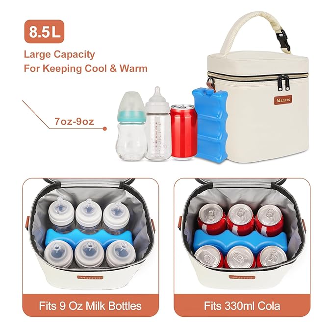 Mancro Breastmilk Cooler Bag with Ice Pack, Fits 6 Insulated Baby Bottles Up to 9 Ounce, Breast Milk Cooler for Nursing Mom (Cream)