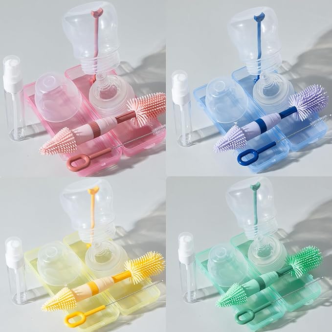Travel Bottle Brush, 6-in-1 Portable Travel Bottle Cleaner Kit with Small Bottle Brush Built in Drying Rack, Nipple Brush, Straw Brush, Soap Dispenser, for Baby Bottles Under 8 OZ, BPA-Free(Yellow)