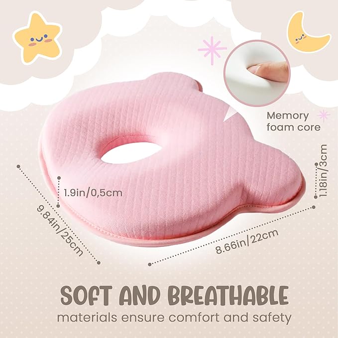 Soft and Breathable Baby Pillow with Memory Foam and Bear Design (Pink)