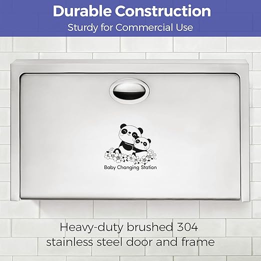 Panda Care Stainless Steel Surface Mounted Baby Changing Station, Heavy Duty Foldable Diaper Changing Table with Liner Dispenser and Adjustable Safety Belt for Commercial and Business