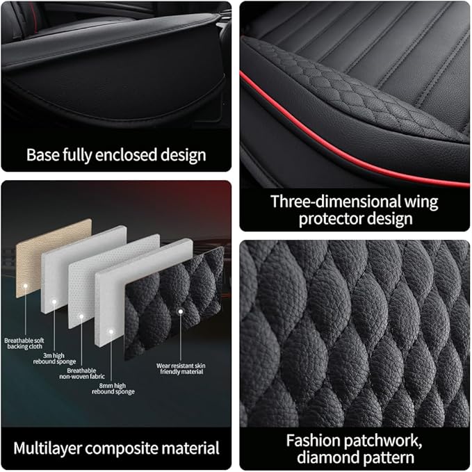 Leather Car Seat Covers for Toyota Corolla 2006-2024,Car Seat Covers Full Set,Seat Covers with Safety,Waterproof Seat Cover Compatible Airbag(5pcs Black&Red Luxury)