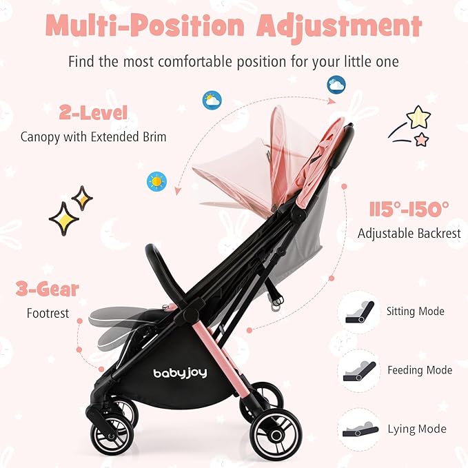 BABY JOY Lightweight Baby Stroller, Compact Travel Stroller for Airplane, Infant Toddler Stroller w/Adjustable Backrest & Canopy, Storage Basket, Self Standing Gravity Fold, Aluminium Frame (Pink)