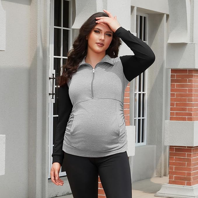 GINKANA Maternity Women's Long Sleeve Shirt Half Zipper Lapel Lightweight Casual Maternity Pullover with Pockets