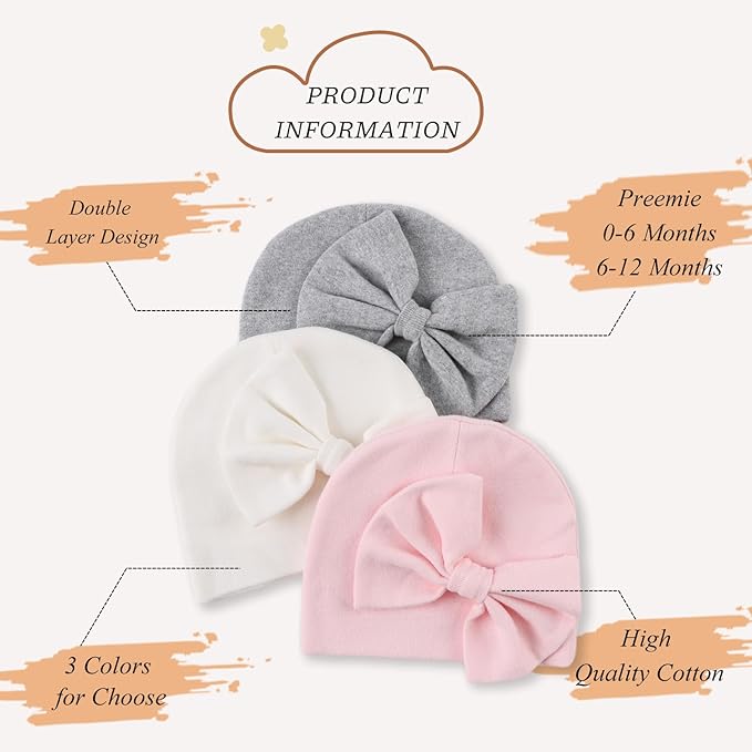 Bamery Newborn Baby Girl Hat Cotton Baby Bow Beanie Preemie Hats Spring Infant Hats for Girls 0-12 Months