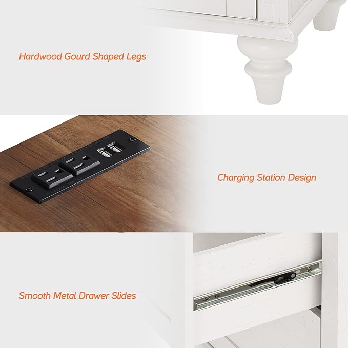 WAMPAT Dresser for Bedroom with 5 Drawers and 2 Storage Cabinet, Nightstands with Charging Station for Living Room, Mid Century Modern Kids Dressers with Wide Chest of Drawers for Nursery, White/Oak