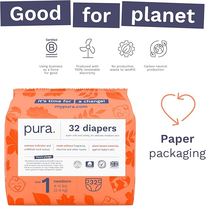 Pura Size 1 Eco-Friendly Diapers (4-11lbs) Hypoallergenic, Soft Organic Cotton Comfort, Sustainable, Wetness Indicator, Allergy UK, Newborn, Bulk Buy, 6 Packs of 32 (192 Baby Diapers)