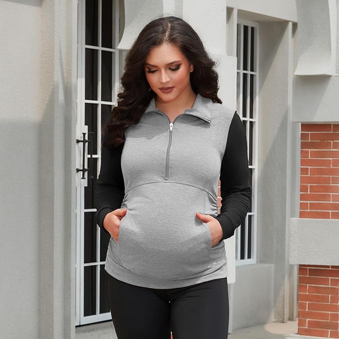 GINKANA Maternity Women's Long Sleeve Shirt Half Zipper Lapel Lightweight Casual Maternity Pullover with Pockets