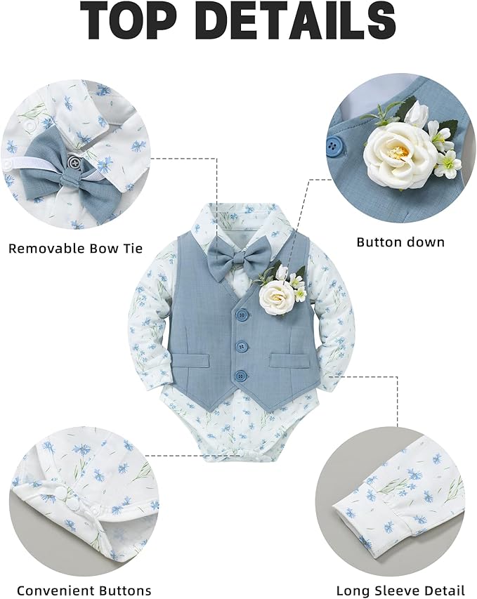 Coco&RARA Baby Boy Clothes Suits Infant Gentleman Outfits, Formal Dress Shirt+Vest+Corsage+tie+Pants Baby Suit Set 0-18M