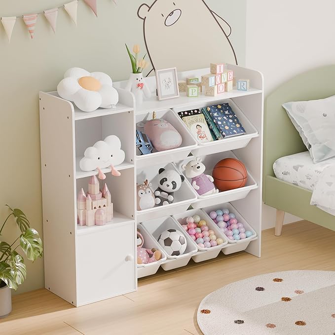 White Toy Storage Organizer, Toy Organizers and Storage Bins, Toy Storage Shelf with 8 Toy Bins, Toy Organizer with Bookshelf, Book Shelf and Toy Storage for Kids Room, Playroom, Bedroom, Nursery